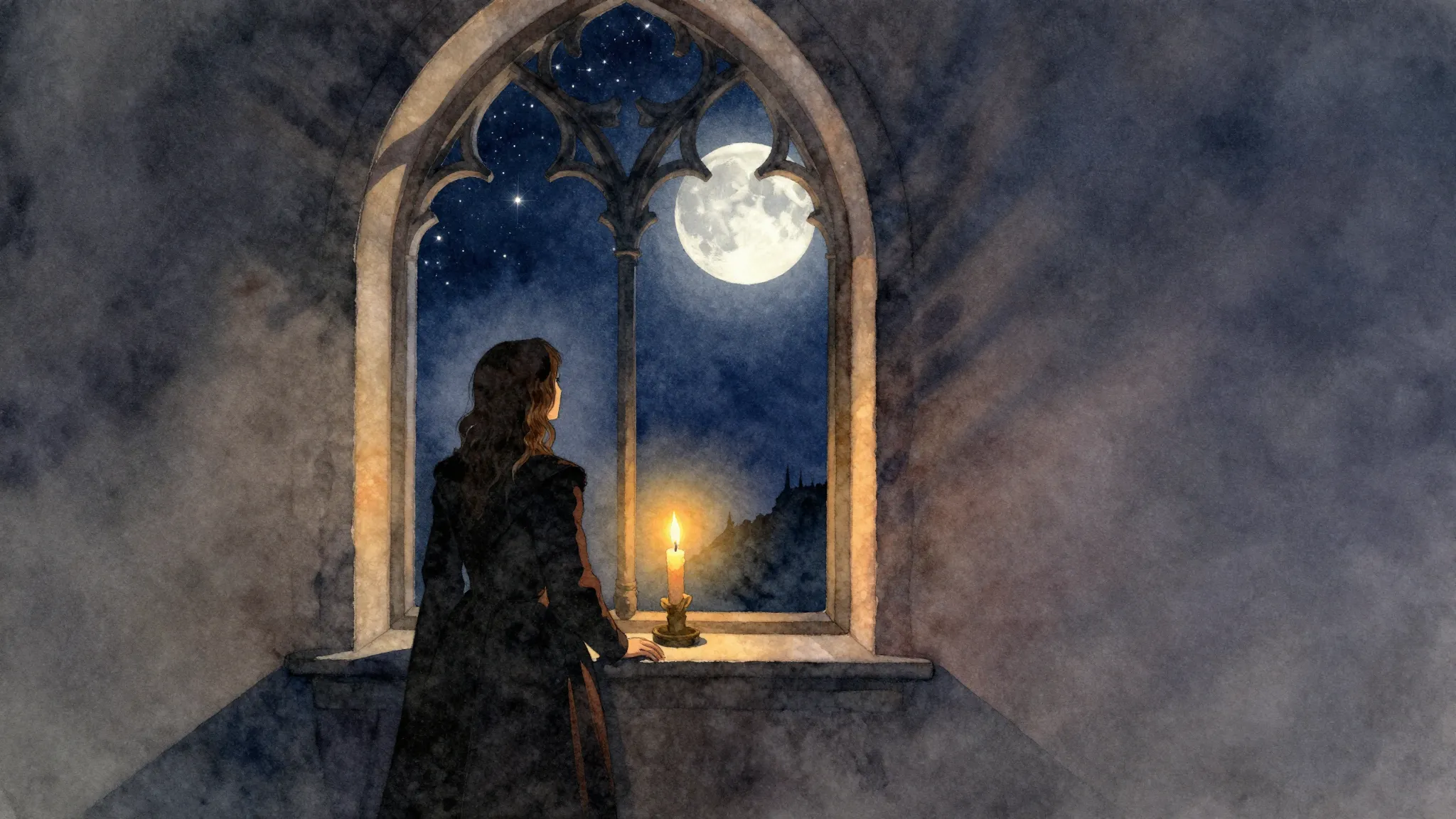 Watercolor style. A silhouette of a person looking out a got...
