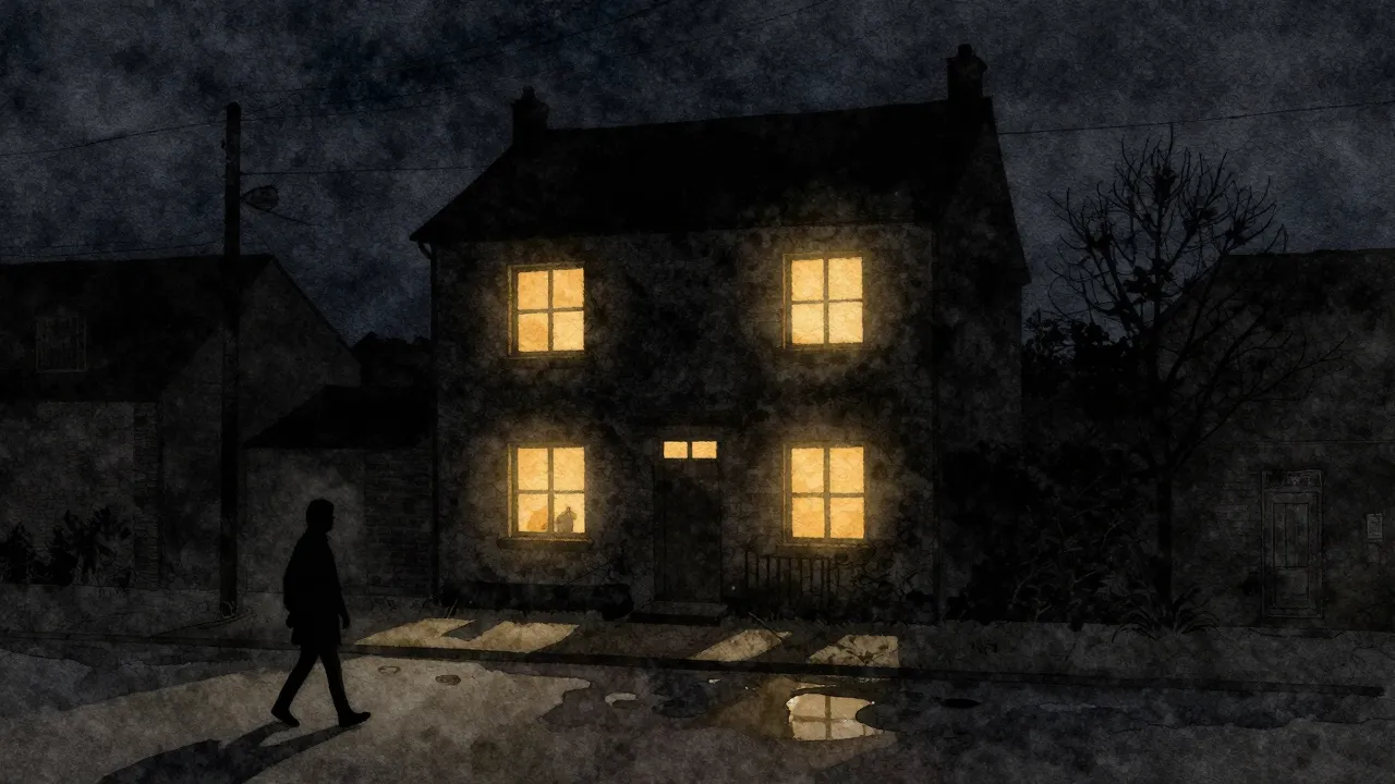 Watercolor style. A silhouette of a cozy house with warm gol...