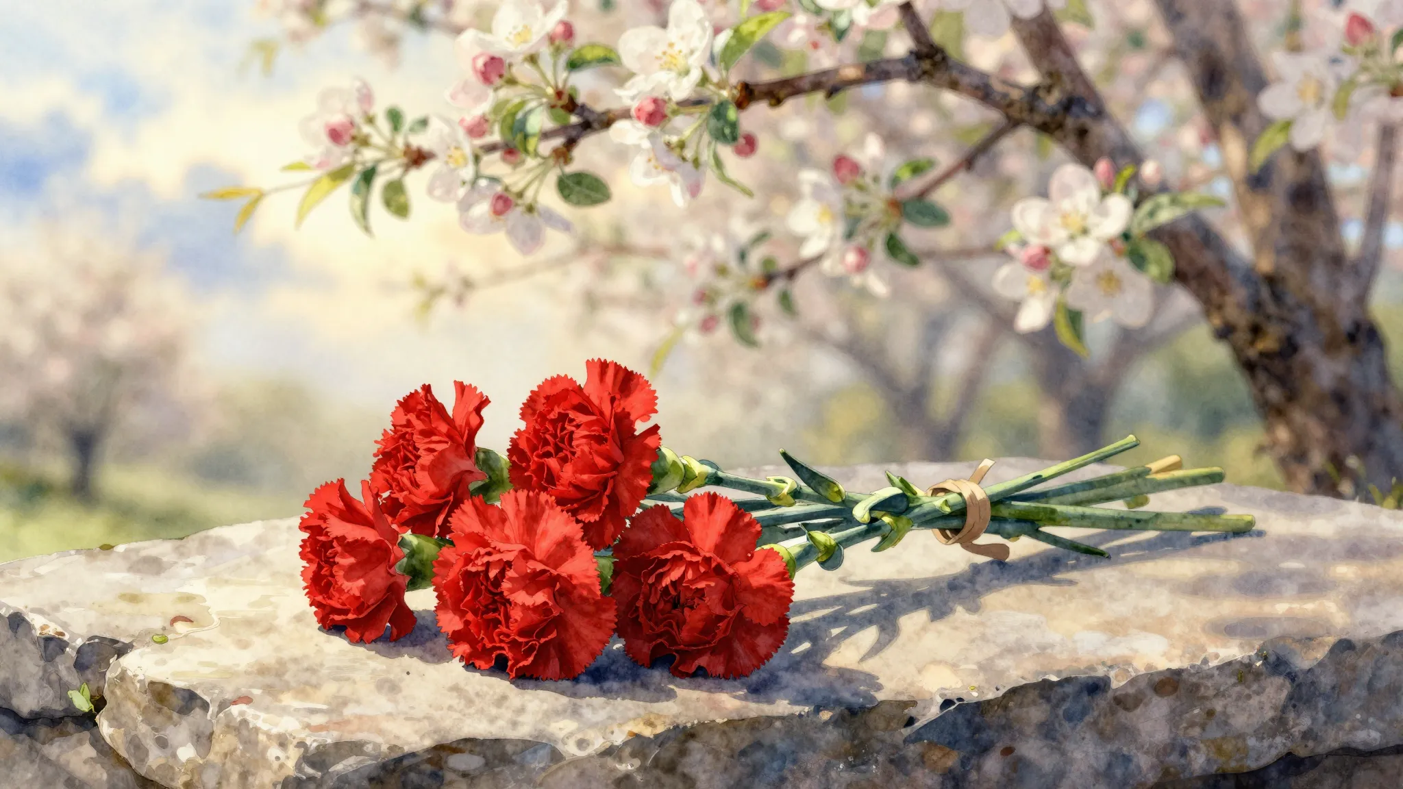 Watercolor style. A solemn composition featuring a bouquet o...