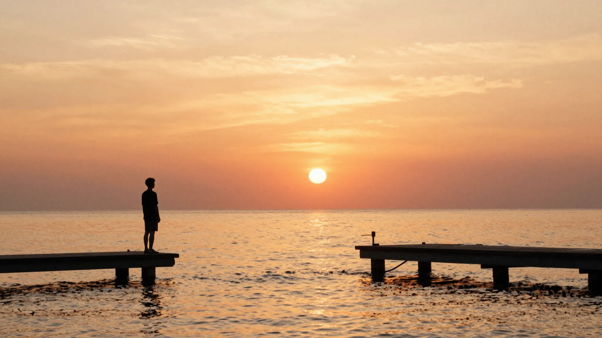 Watercolor style. A silhouette of a person standing on a qui...