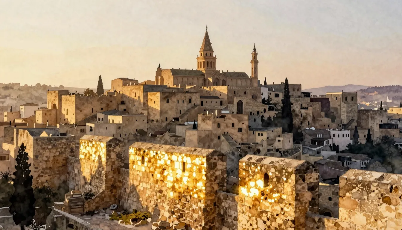 Watercolor style. Silhouette of a resilient ancient city at ...