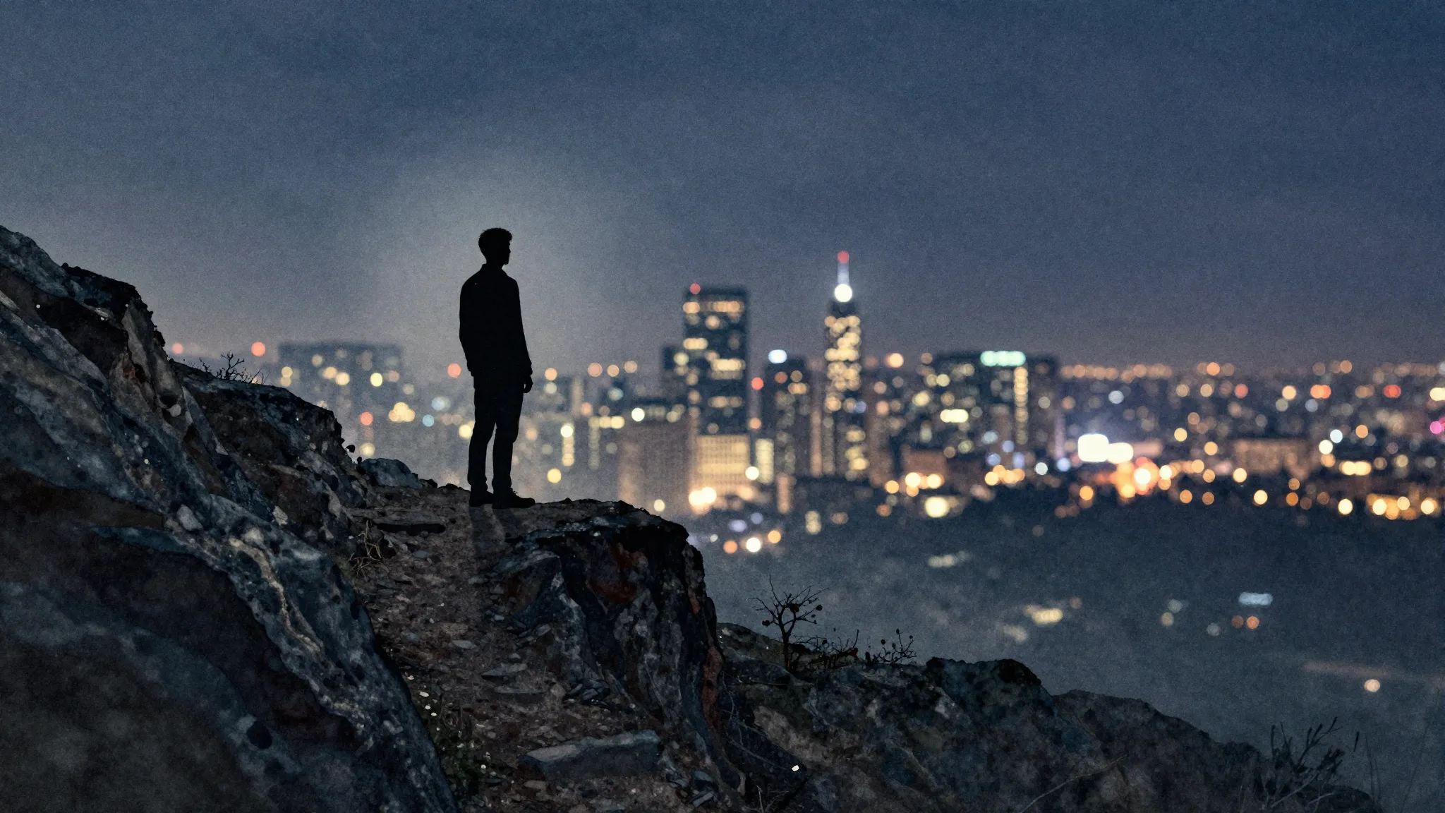 Watercolor style. A silhouette stands on a high cliff, looki...