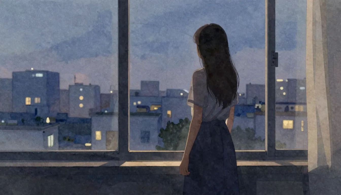 Watercolor style. A silhouette of a woman standing by a larg...