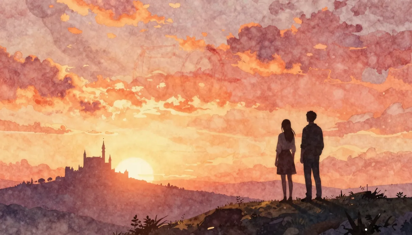 Watercolor style. A silhouette of a couple standing on a hil...