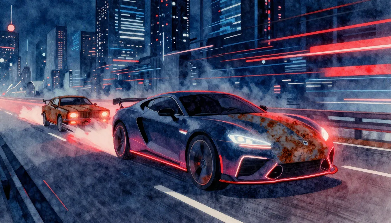 Watercolor style. Neon silhouette of a sleek modern car raci...