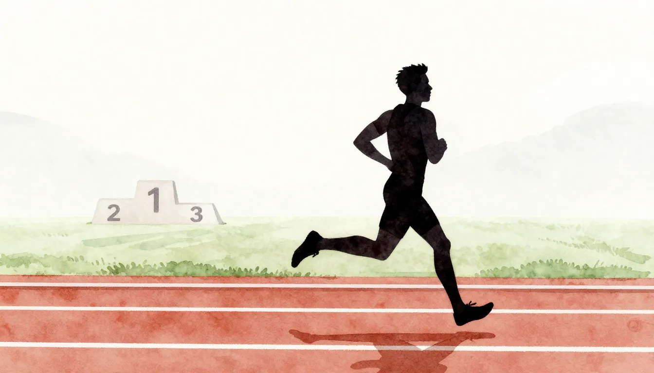 Watercolor style. A dark silhouette of a male runner on a tr...