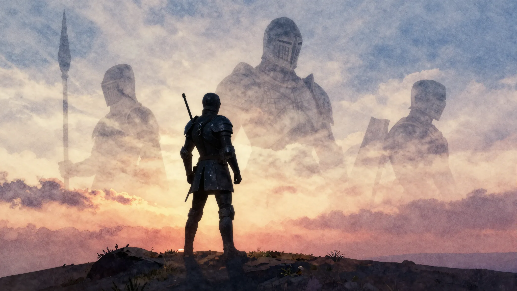 Watercolor style. Silhouette of a modern protector standing ...