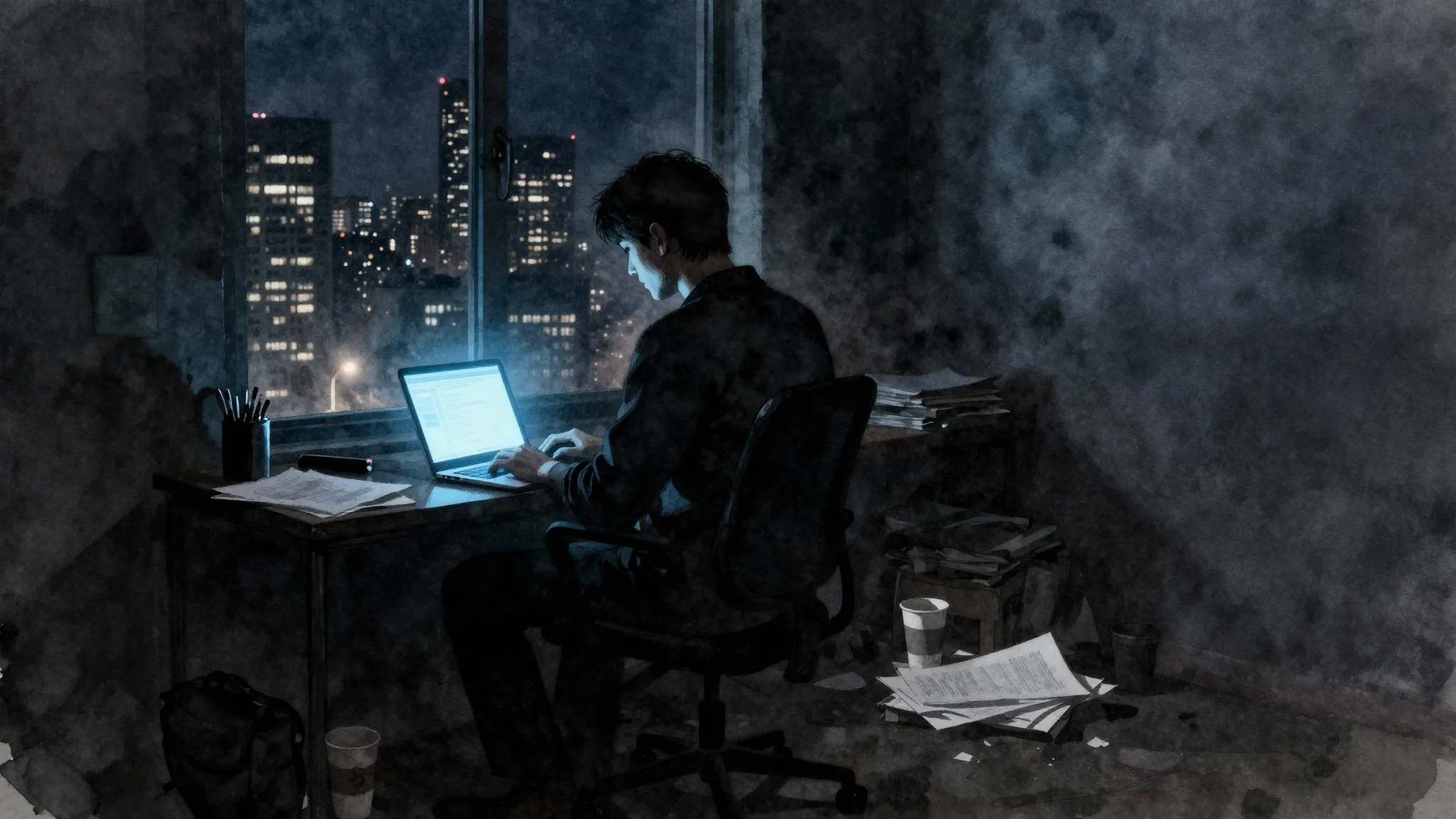 Watercolor style. A lonely silhouette of a man sitting in a ...