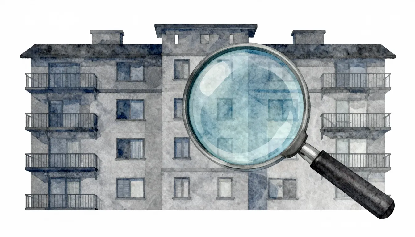 Watercolor style. A silhouette of a multi-story residential ...