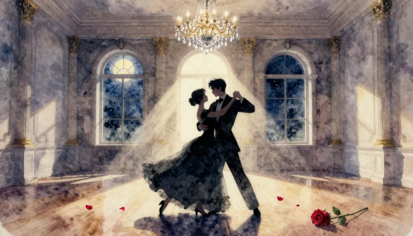 Watercolor style. A silhouette of a couple dancing a waltz i...