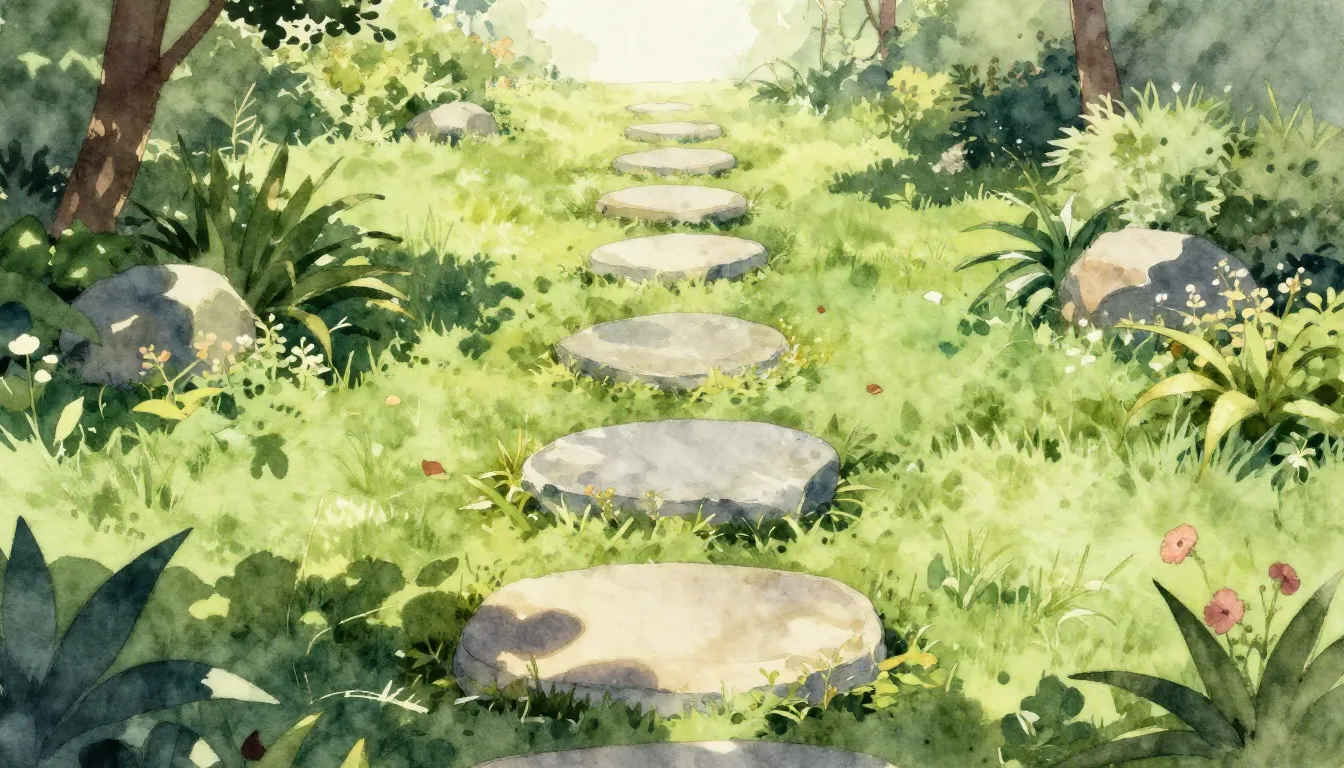 Watercolor style. A peaceful garden path with five distinct ...