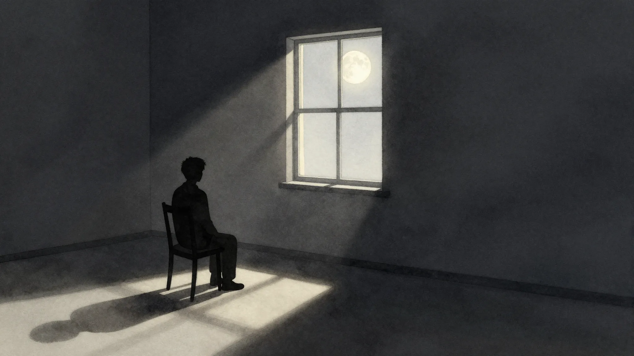 Watercolor style. A dark room with a single window, moonligh...