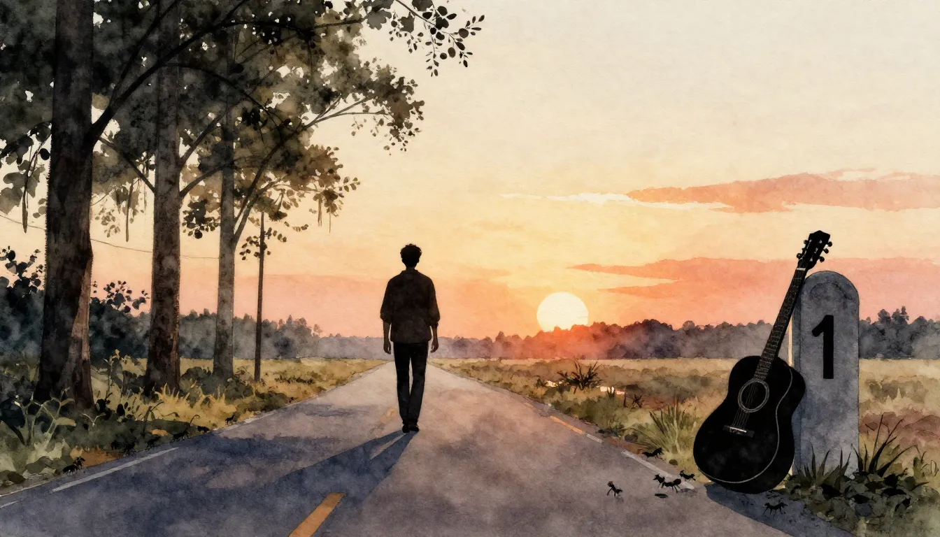 Watercolor style. A lonely silhouette of a man walking on a ...