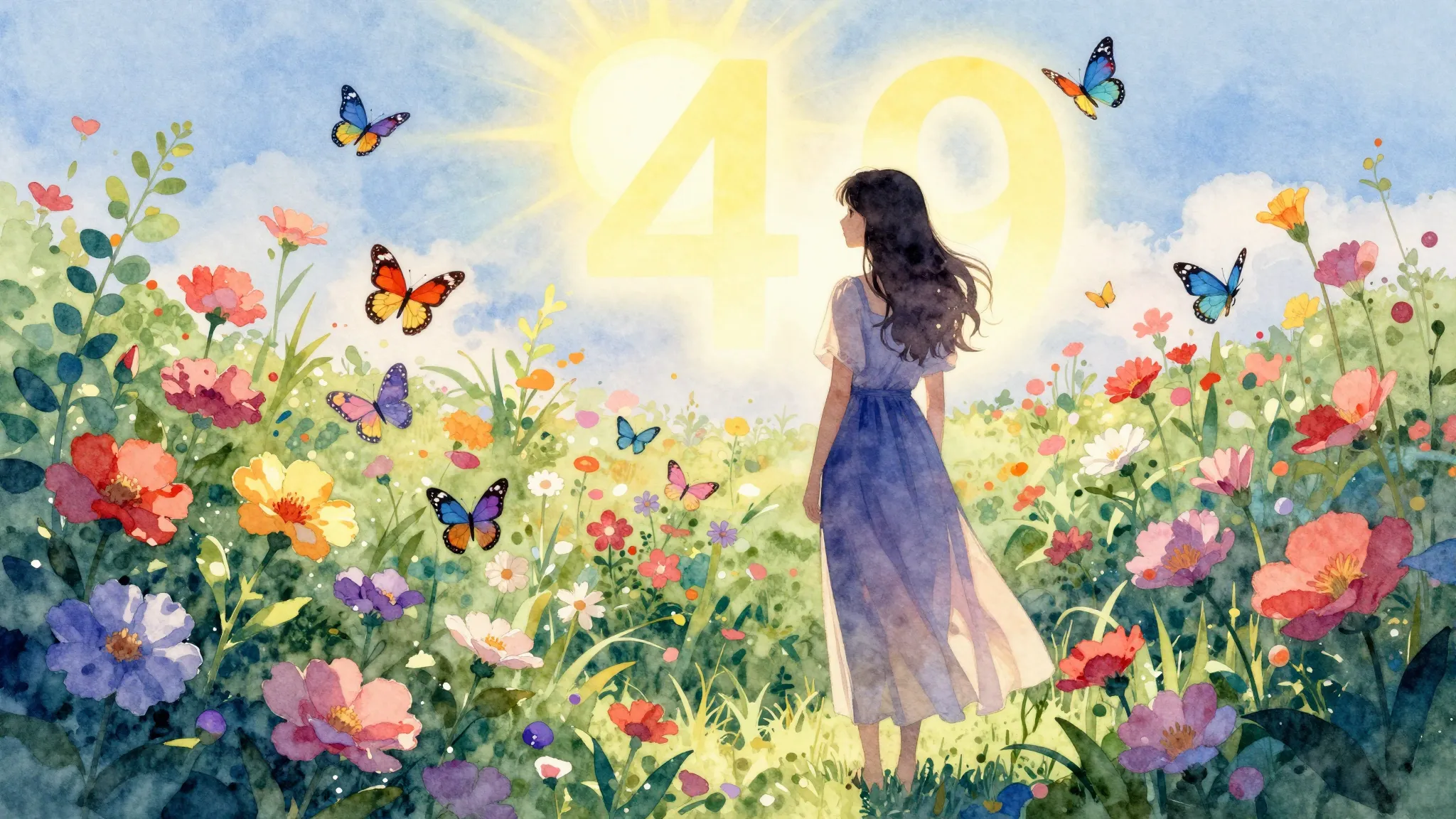 Watercolor style. A silhouette of a woman standing in a lush...