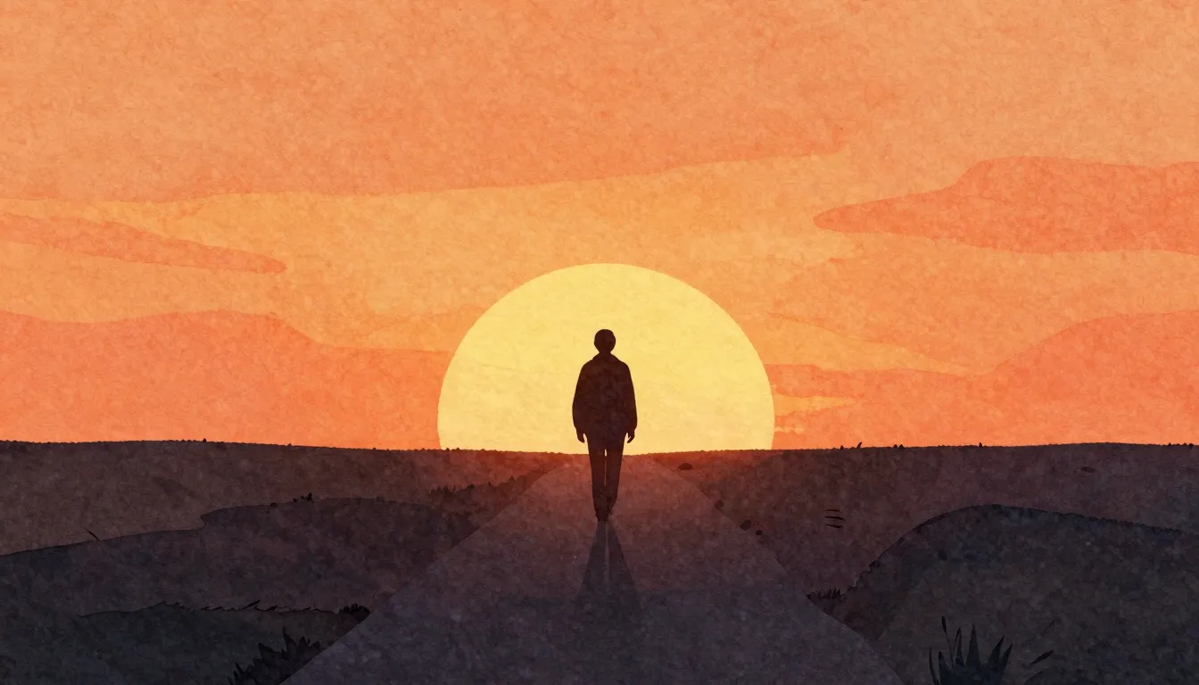 Watercolor style. A dark silhouette of a lone figure walking...
