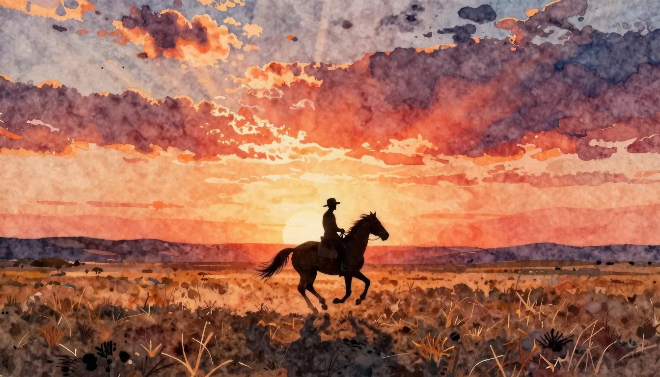 Vibrant watercolor style. Folk album cover: A lone silhouett...