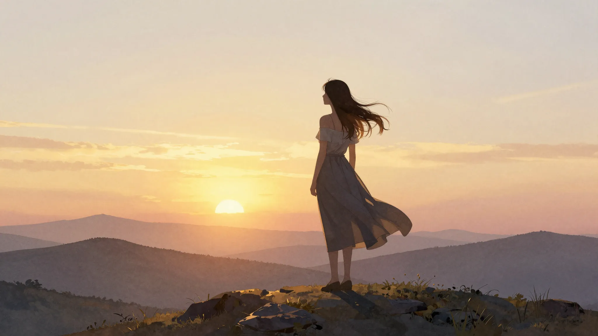 Watercolor style. A silhouette of a woman standing on a hill...