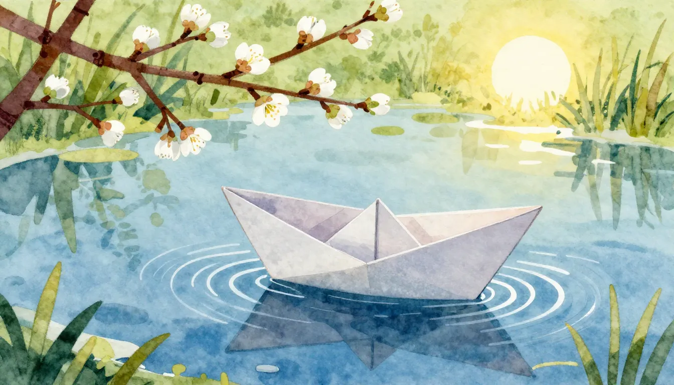Watercolor style. A small paper boat floating in a sparkling...