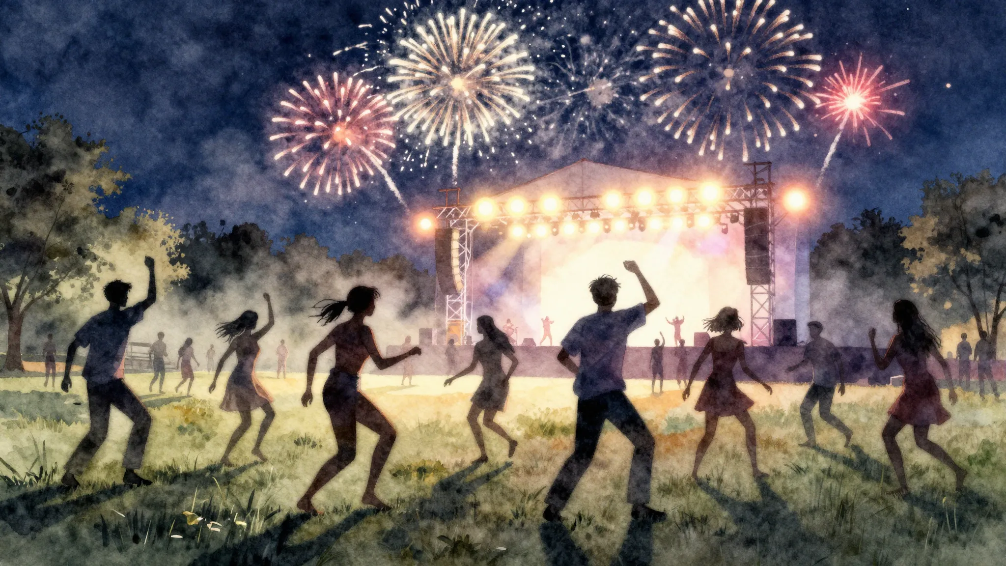 Watercolor style. Silhouettes of people dancing in a park at...