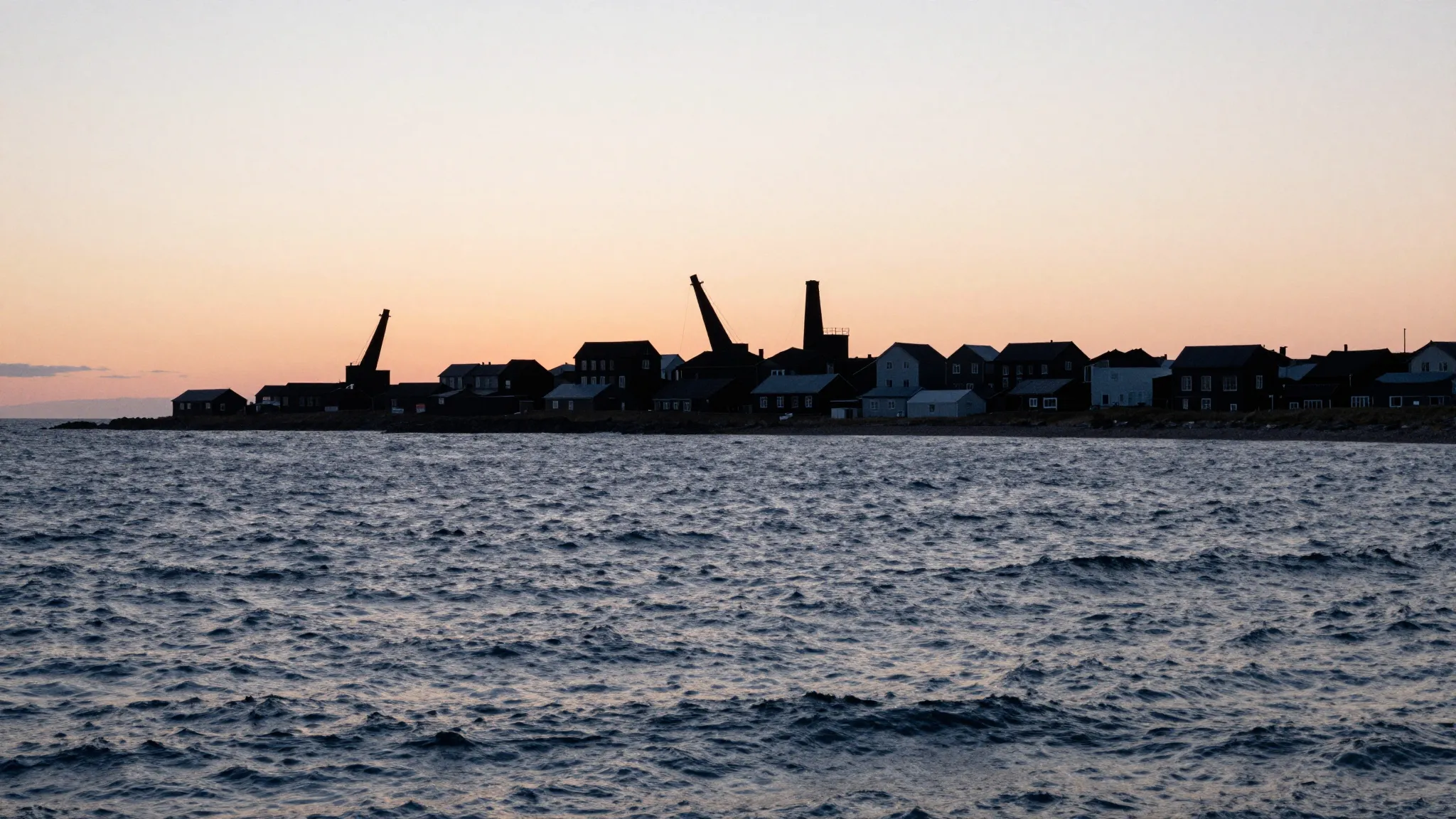 Watercolor style. Silhouette of a small coastal town with co...