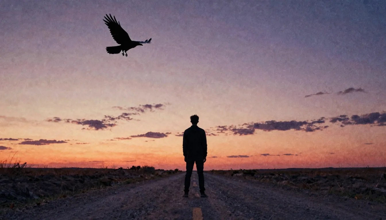 Watercolor style. A lone silhouette of a man stands on a dus...