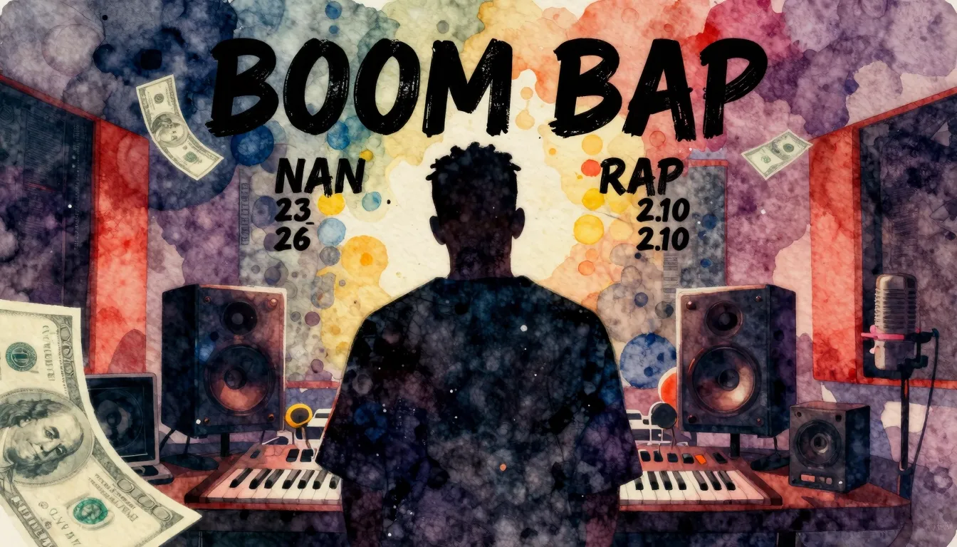 Vibrant watercolor style. Boom Bap rap album cover. A silhou...