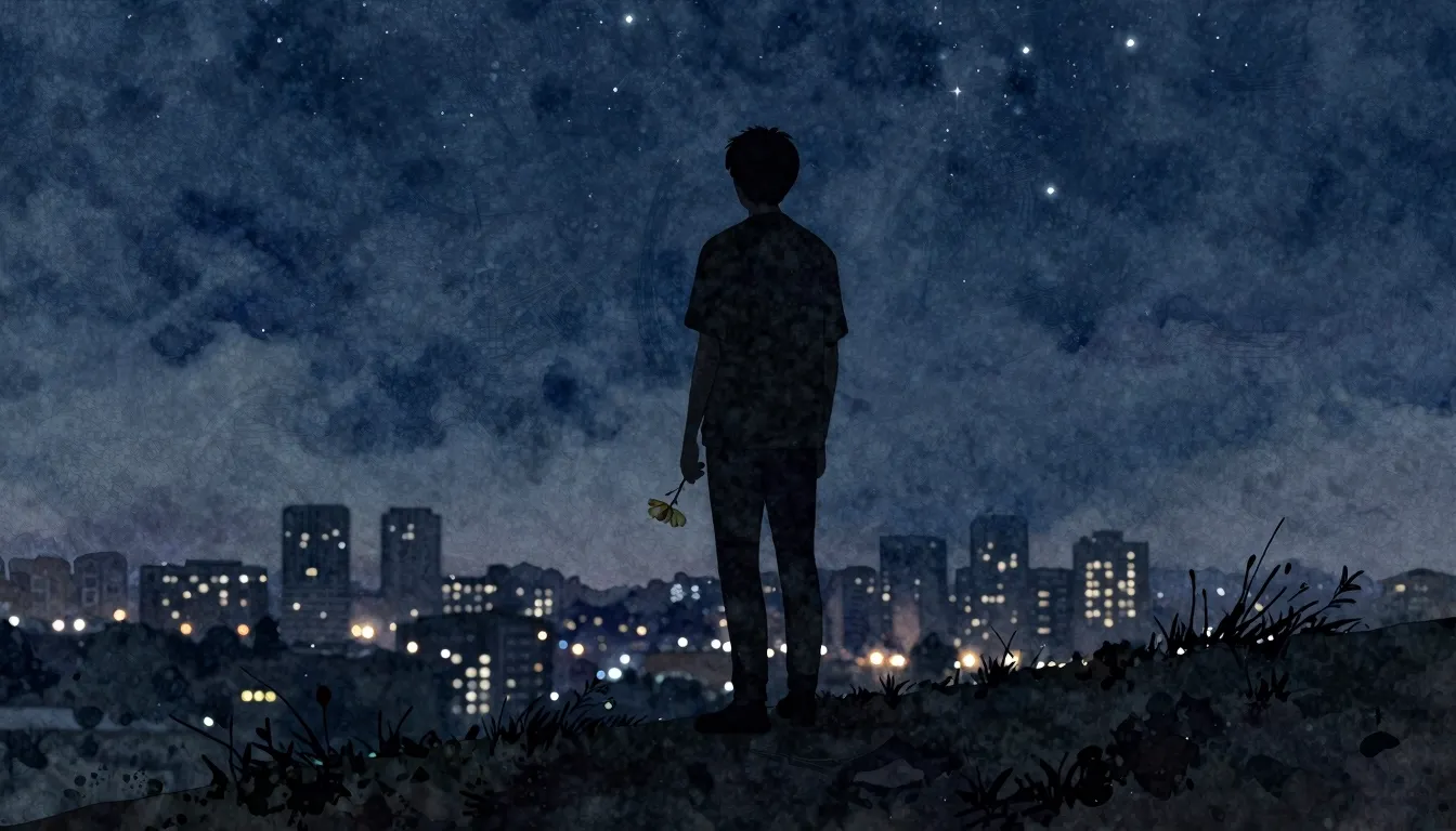 Watercolor style. A silhouette of a person standing on a hil...