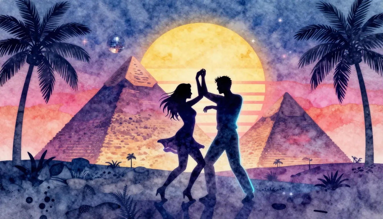 Watercolor style. Neon silhouette of two people dancing near...