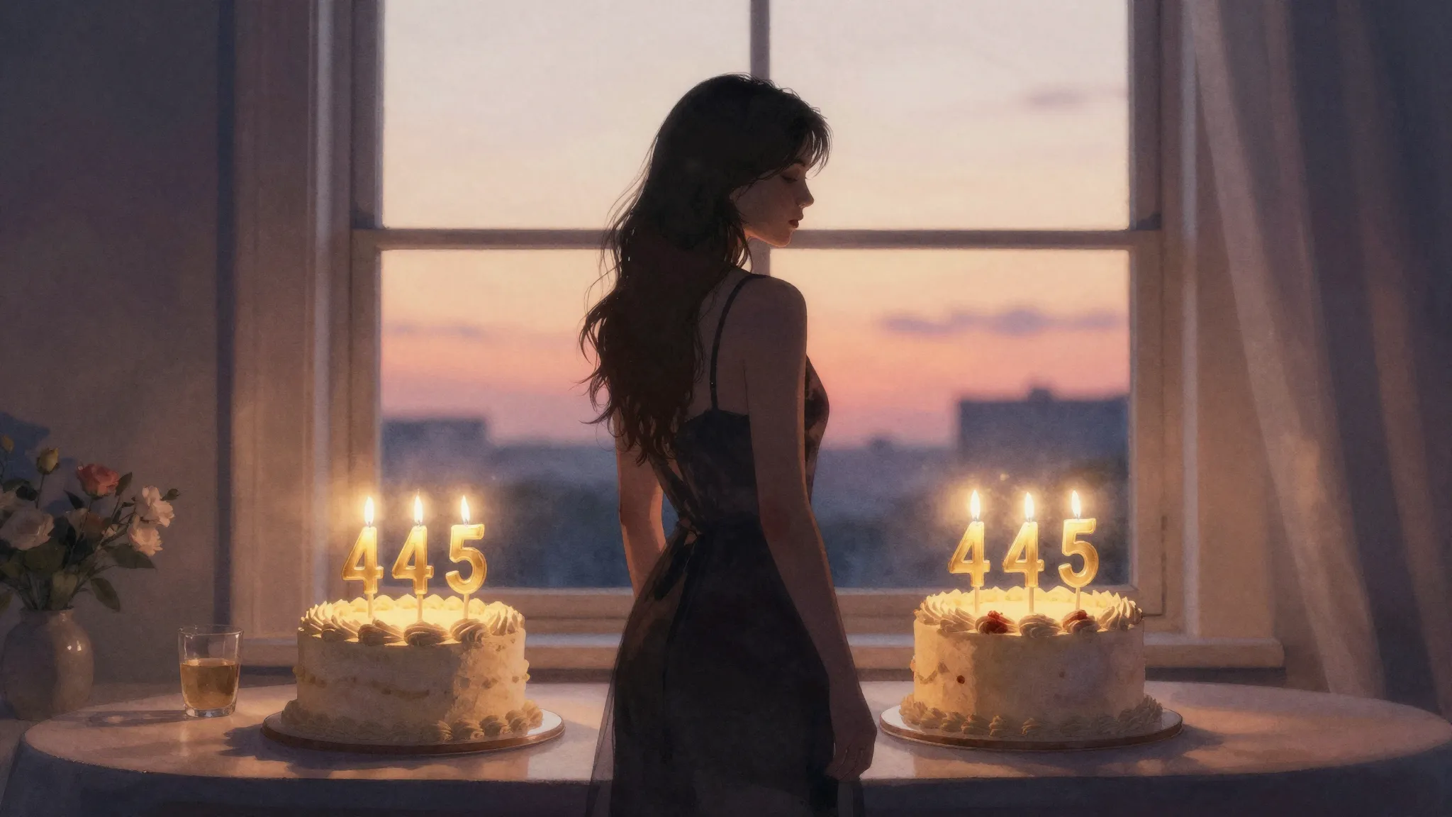 Watercolor style. Silhouette of a woman standing by a window...