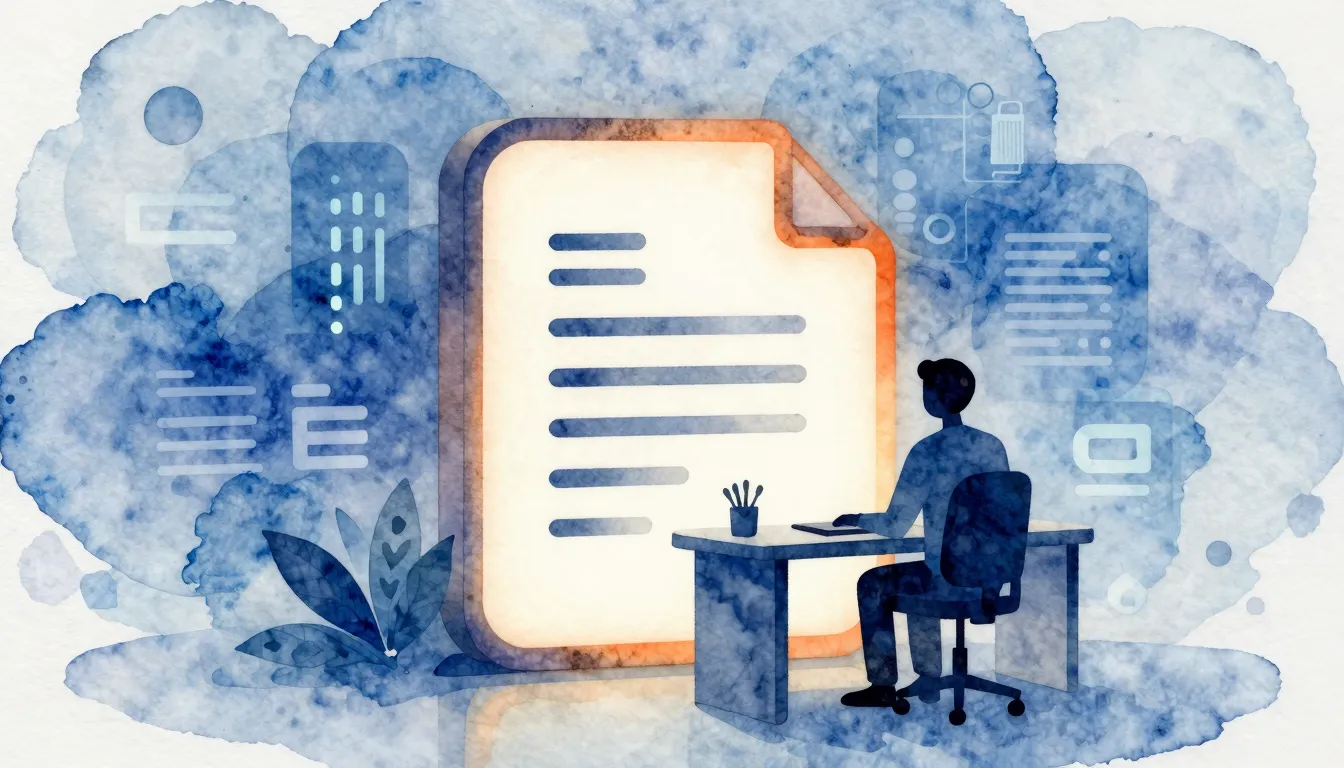 Watercolor style. A digital workspace with a glowing documen...