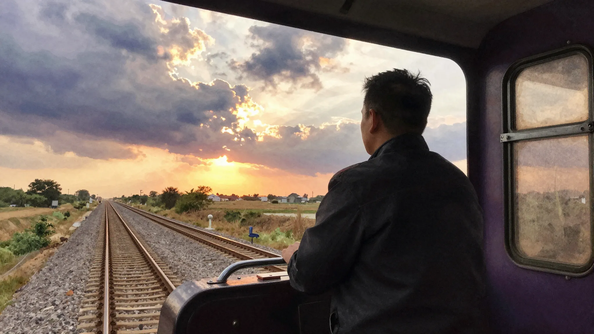 Vibrant watercolor style. A train driver's silhouette in a l...