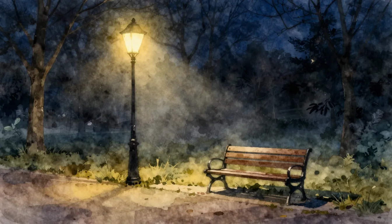 Watercolor style. A lonely street lamp illuminating an empty...