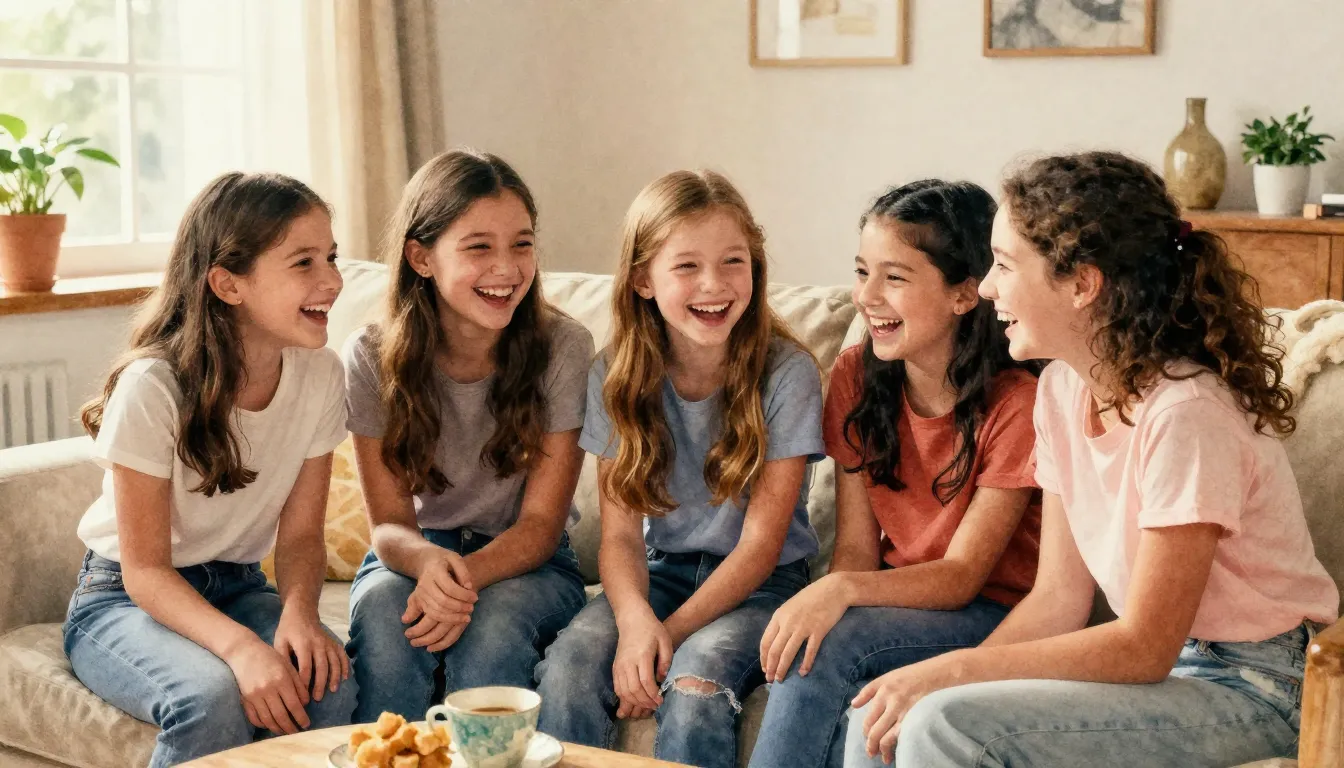 Watercolor style. Five happy young girls laughing together i...