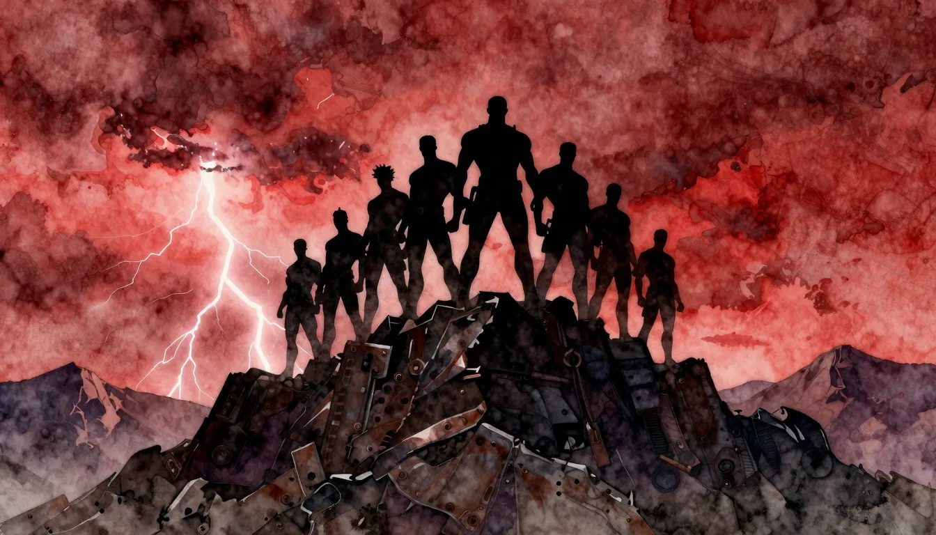 Watercolor style. Silhouette of a powerful group standing on...
