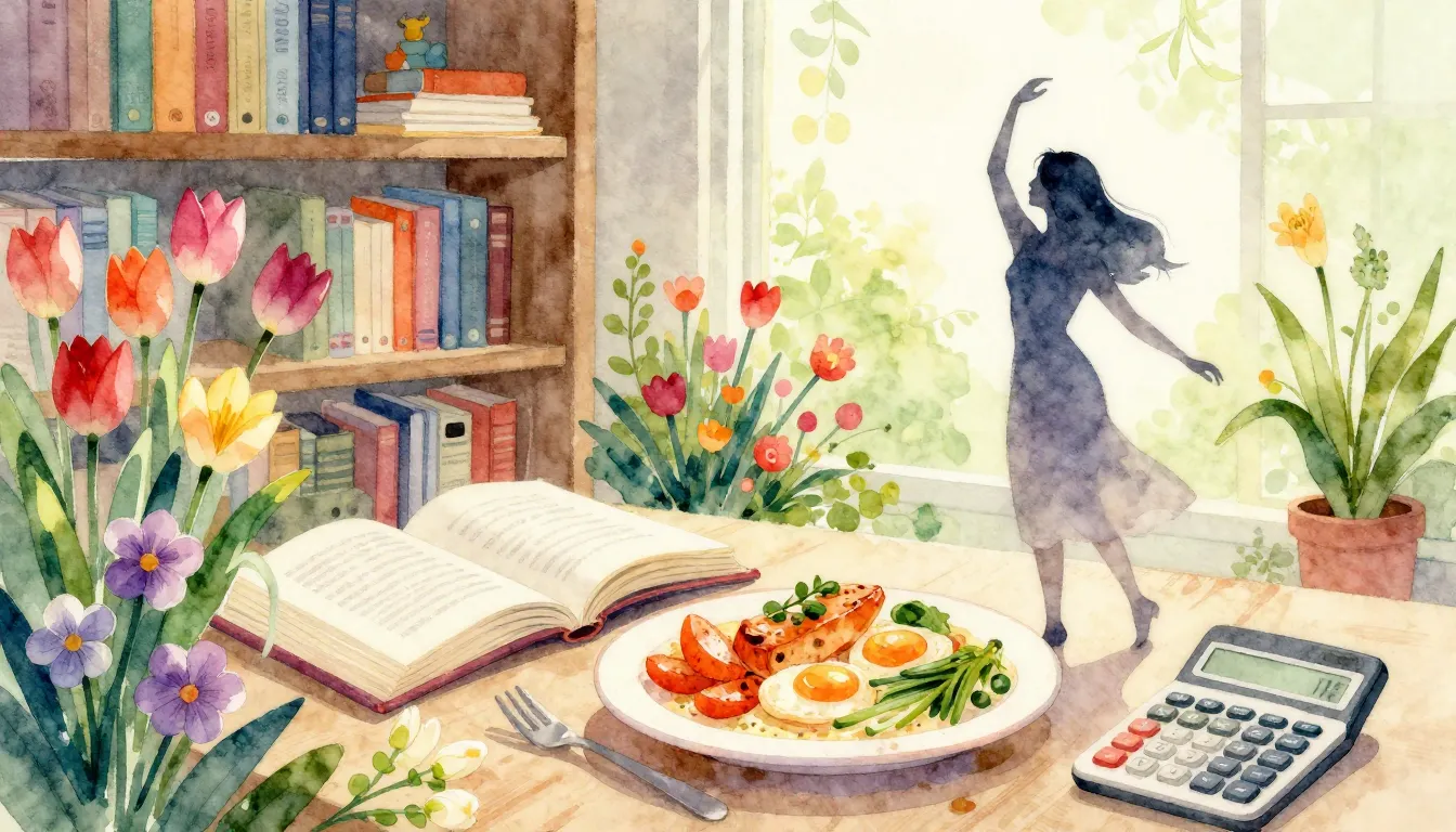 Vibrant watercolor style. Vibrant spring flowers, a cozy lib...