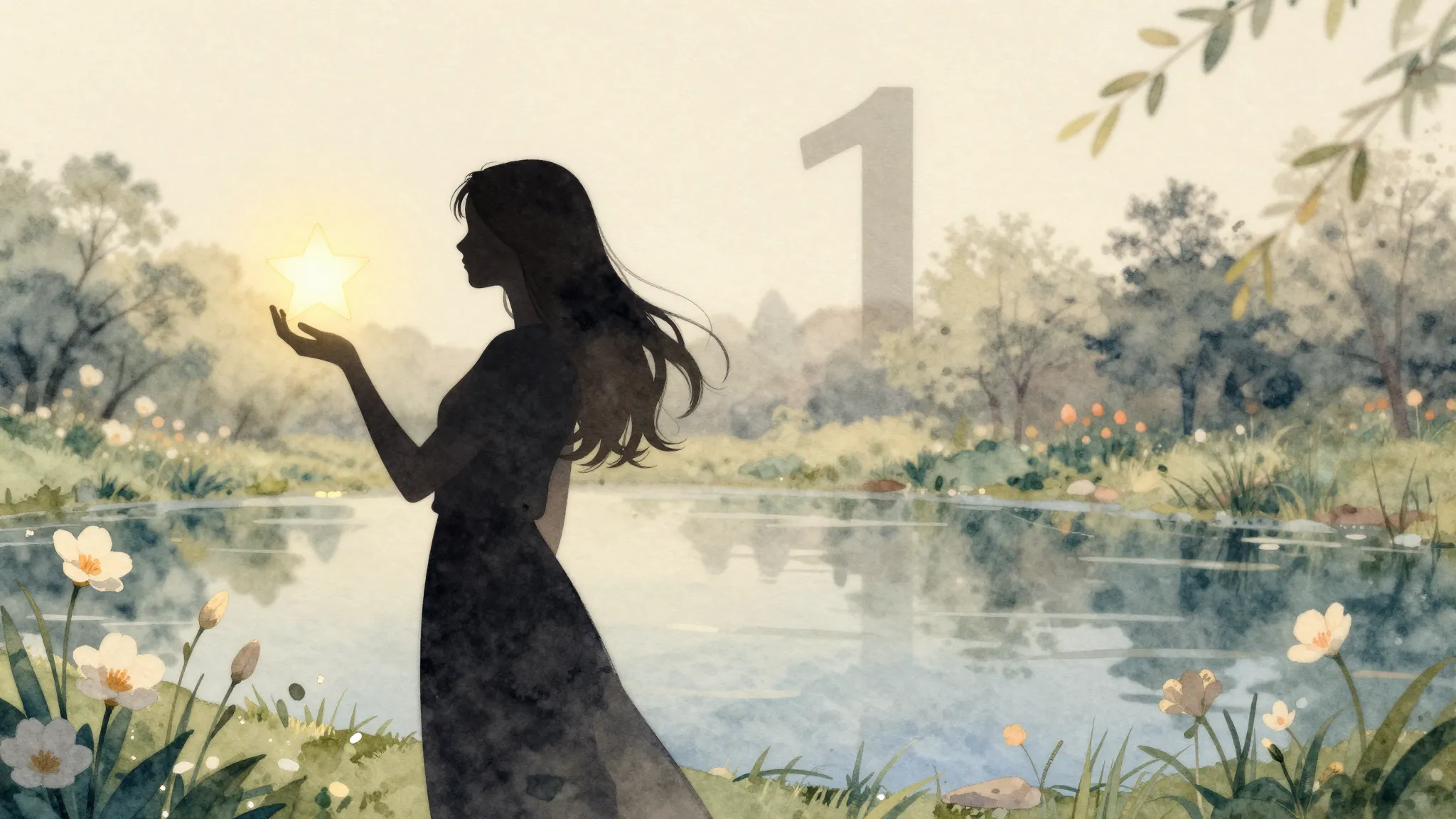 Watercolor style. Silhouette of a woman holding a glowing st...