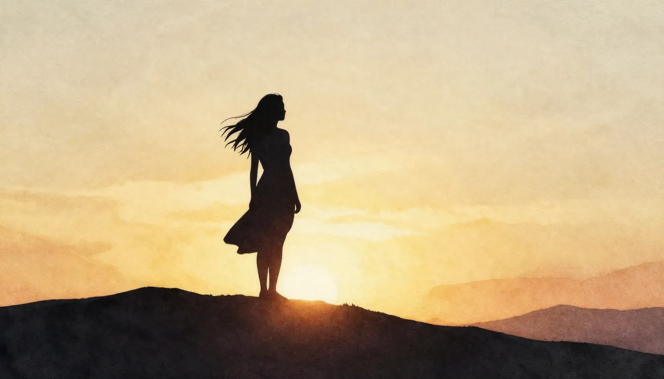 Watercolor style. Silhouette of a graceful woman standing on...