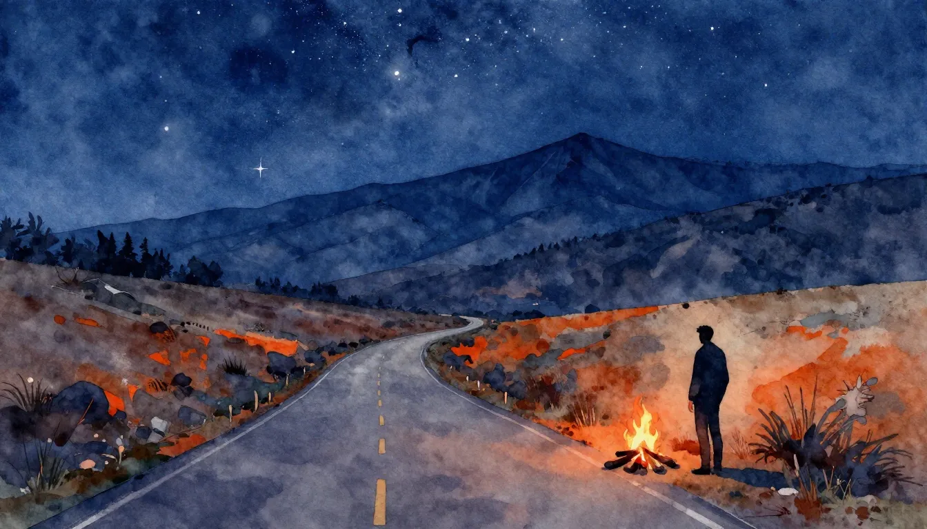 Watercolor style. A wide landscape with a winding road leadi...