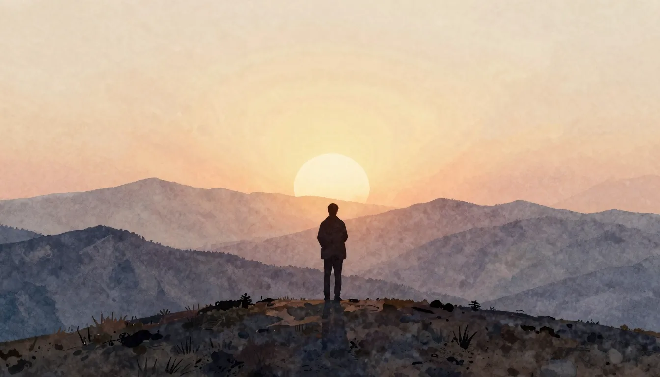 Watercolor style. A silhouette of a person standing on a hil...