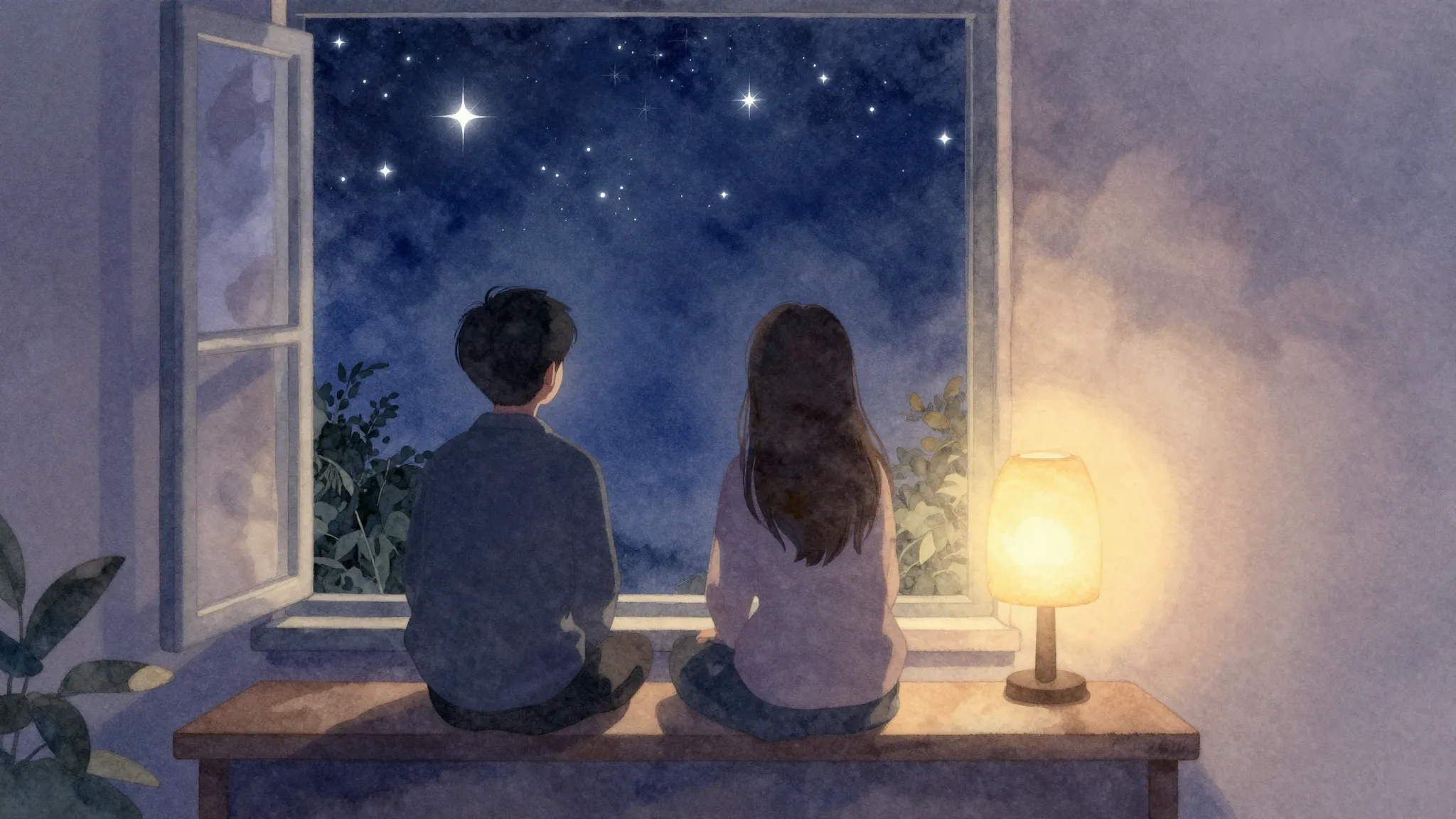 Watercolor style. A cozy room with two silhouettes sitting b...