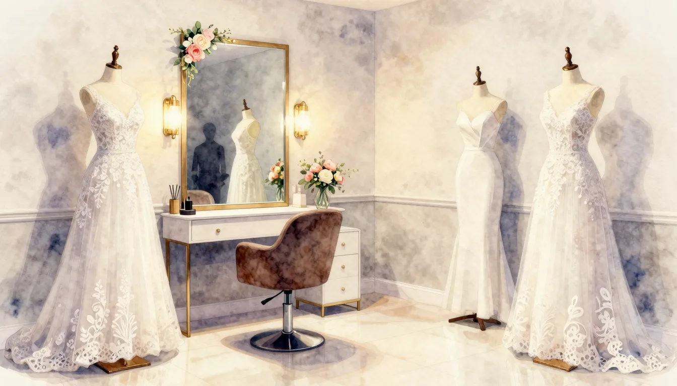 Watercolor style. A stylish interior of a wedding salon with...