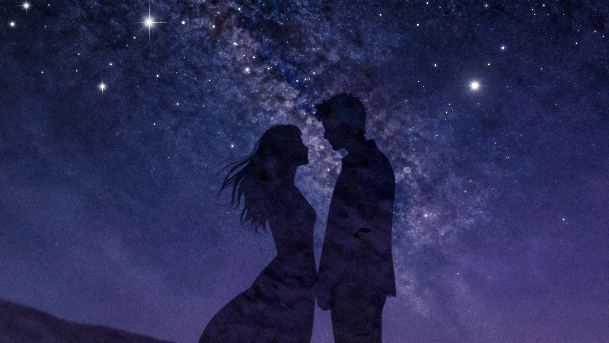 Watercolor style. Silhouette of a couple under a starry nigh...