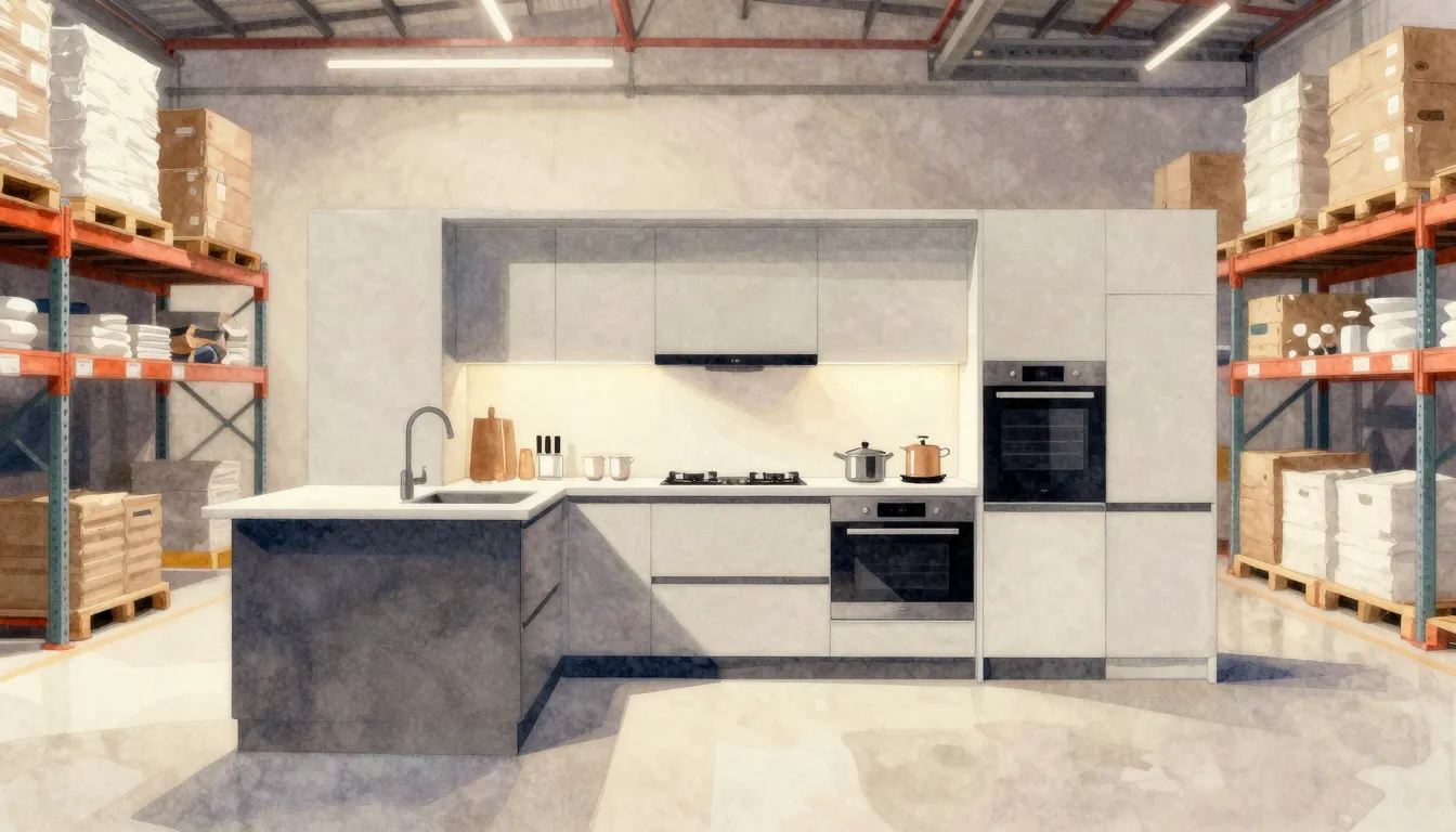 Watercolor style. A silhouette of a modern kitchen set insid...