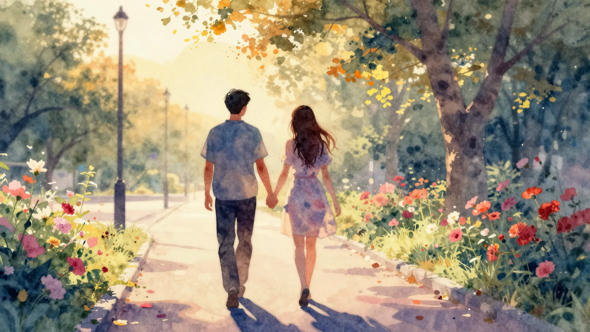 Vibrant watercolor style. Romantic pop song cover. A warm su...
