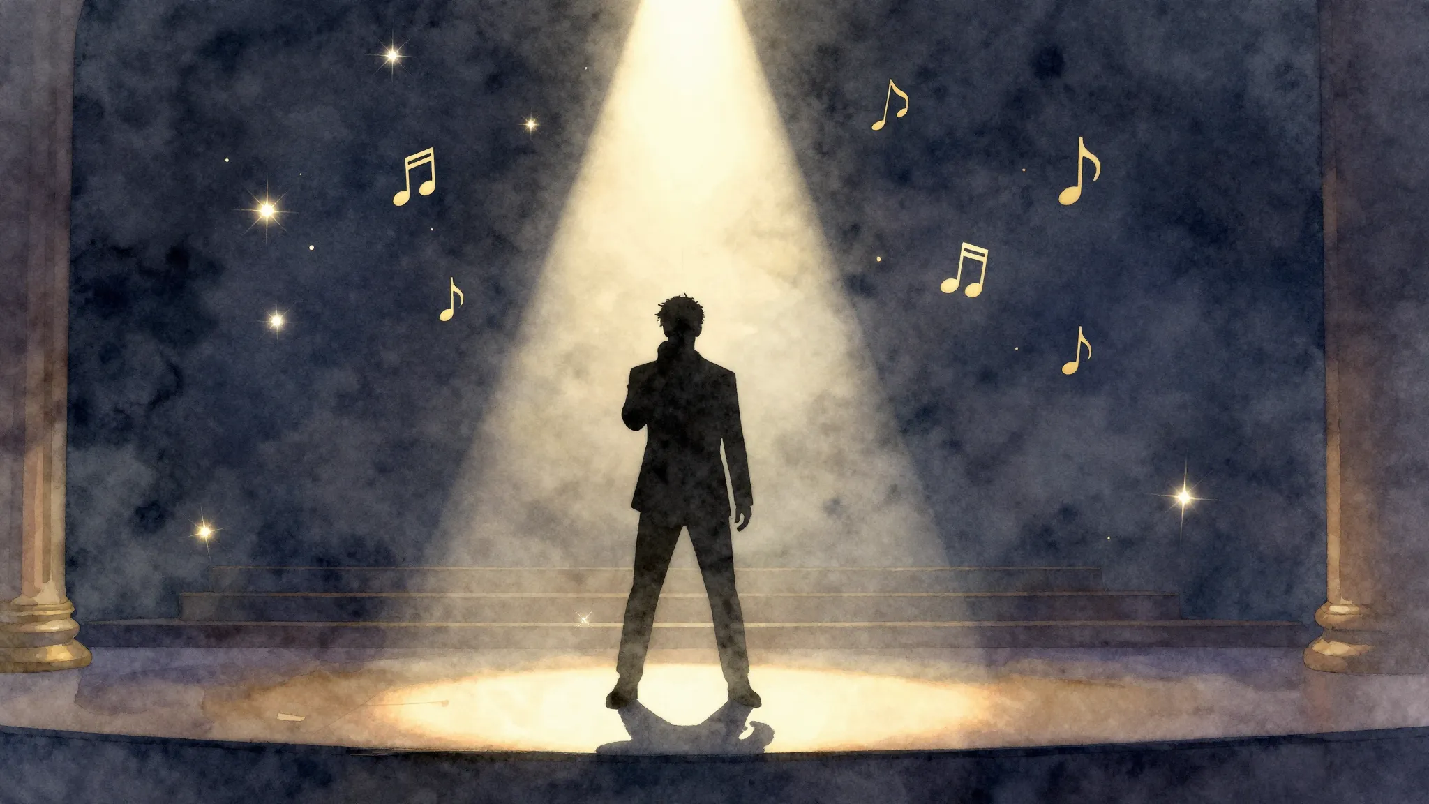 Watercolor style. A silhouette of a performer on a grand sta...