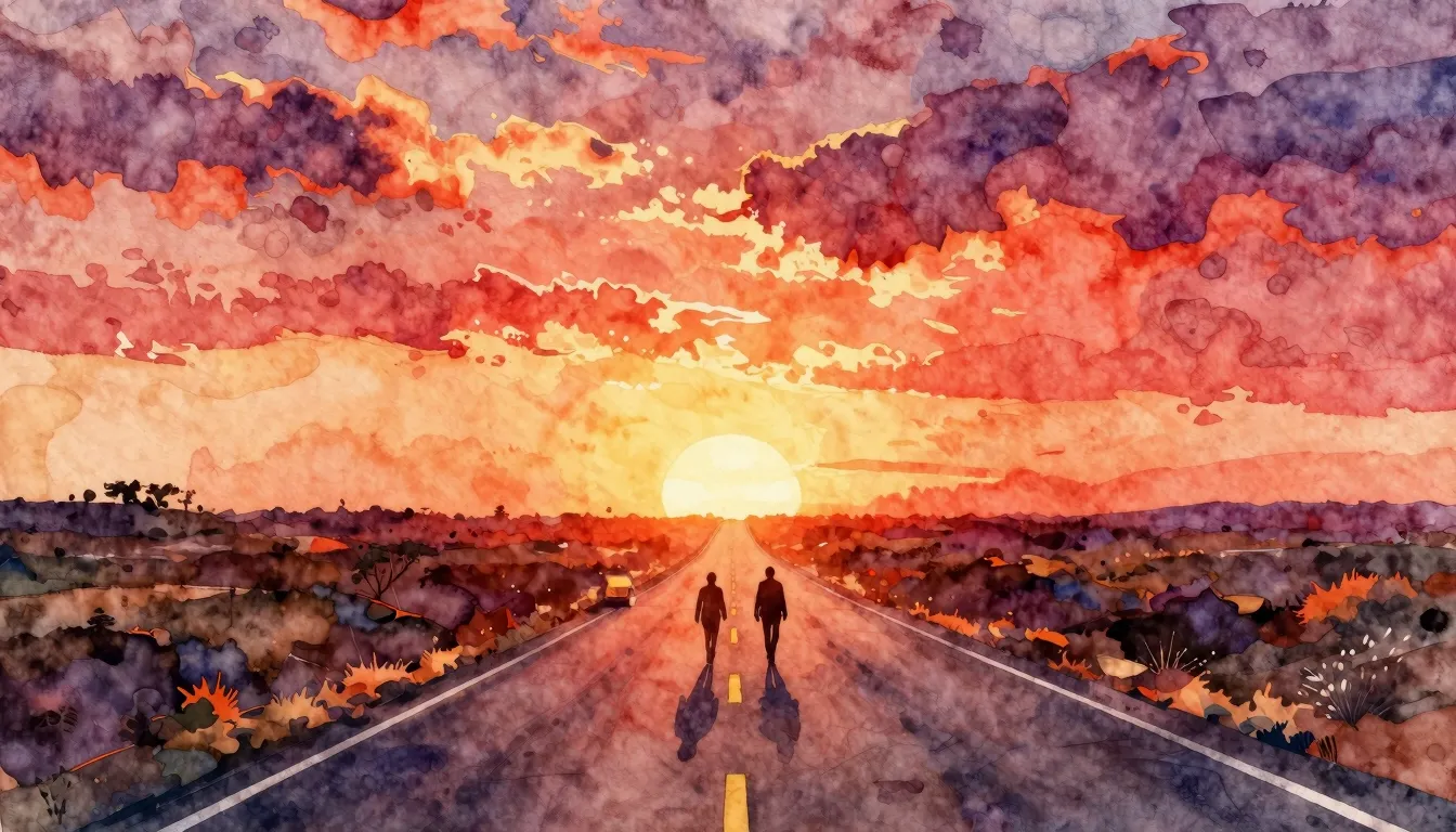 Vibrant watercolor style. Rock opera album cover. A winding ...