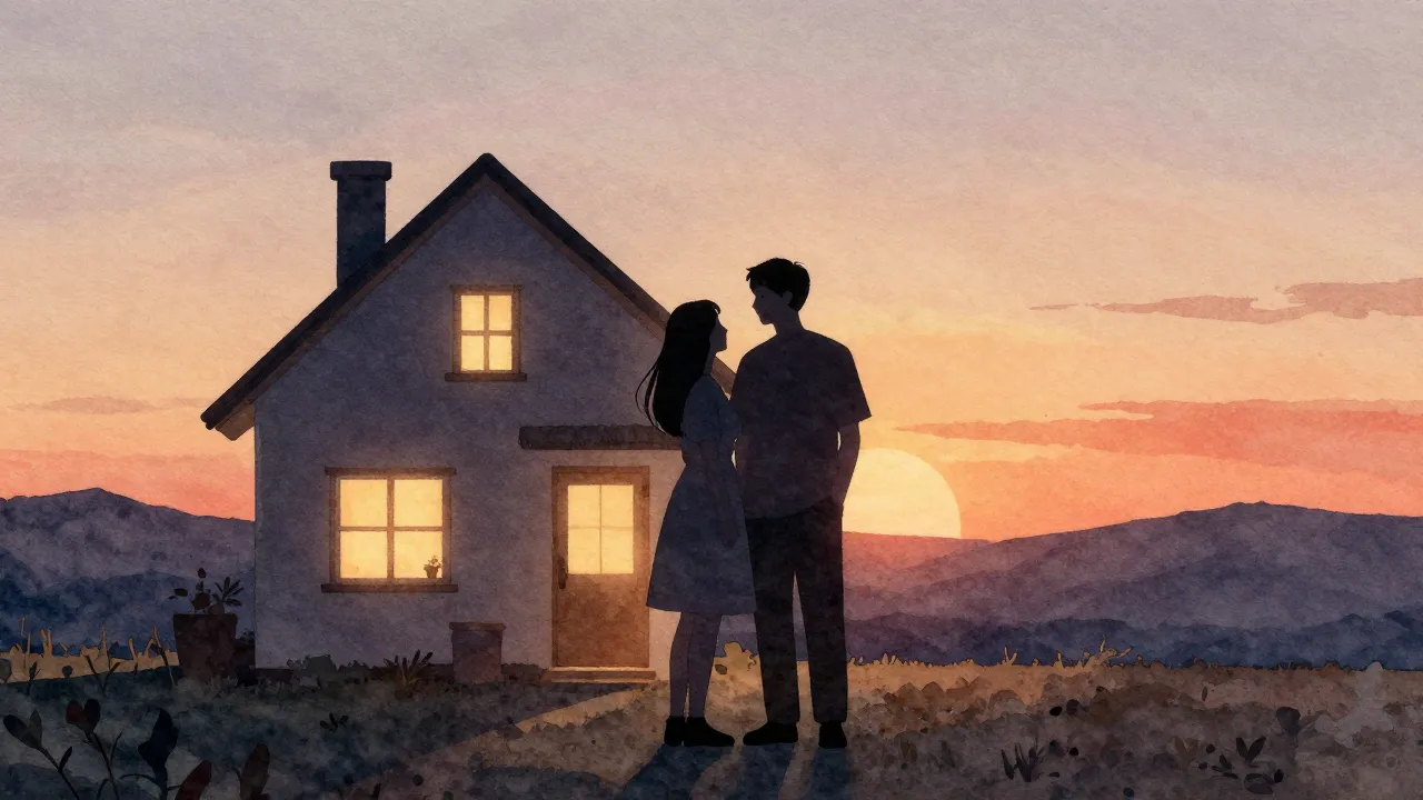 Watercolor style. Silhouettes of a happy couple standing in ...