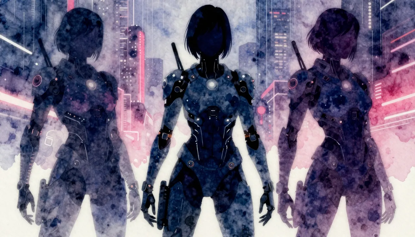 Watercolor style. Three female silhouettes in futuristic cyb...