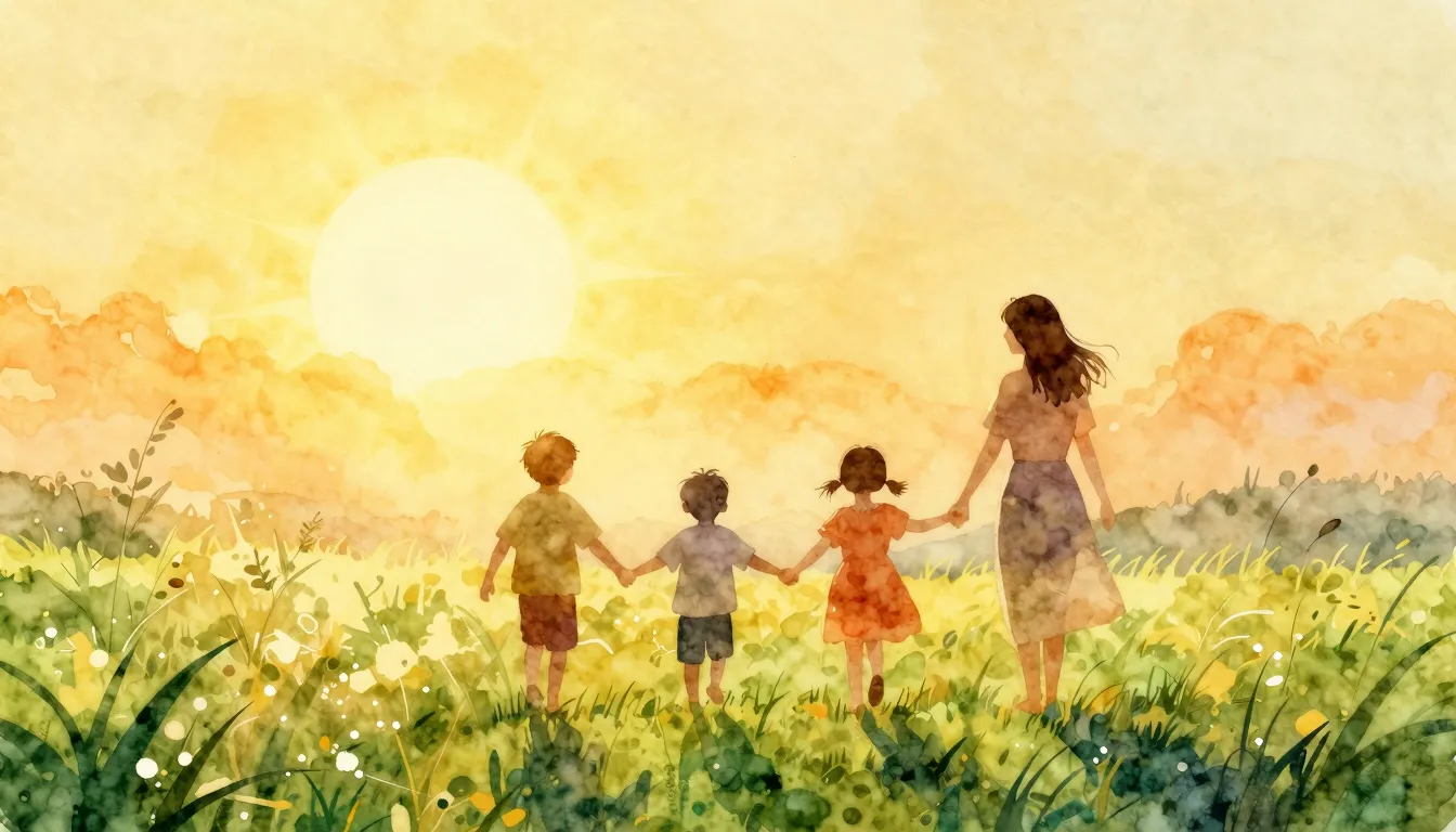 Watercolor style. A bright golden sun shining over a peacefu...