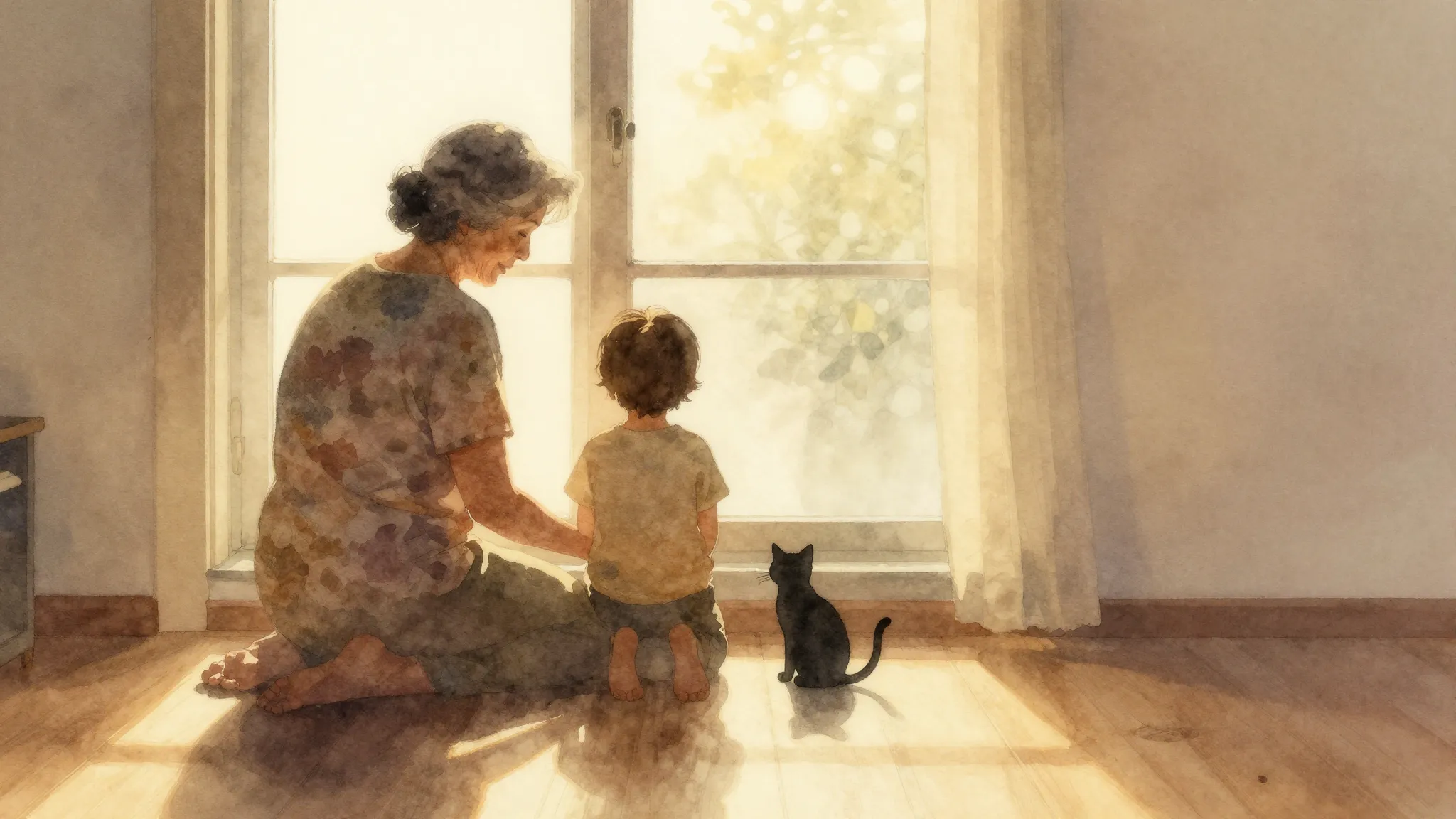 Watercolor style. A warm silhouette of an elderly woman and ...